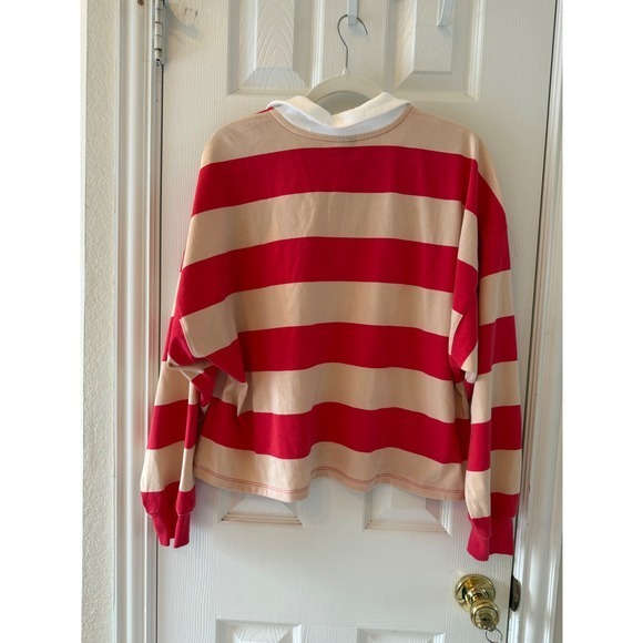 Wild Fable Striped Rugby Pullover Women's Boxy Cropped Preppy Red Tan - Picture 5 of 7